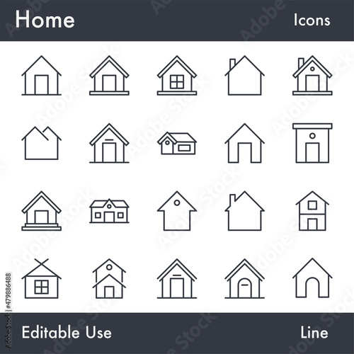 Home vector line icon set. Contains linear outline icons like House, Roof, Residential, Cottage, Real Estate, Dwelling. Editable use and stroke for Infographic, Web, Print.