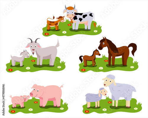 Cartoon family of farm animals, cute little animals and their mothers. A mother pig with a little piglet, a sheep and a lamb, a cow and a calf, a goat and a kid a horse and a foal are a set of vectors