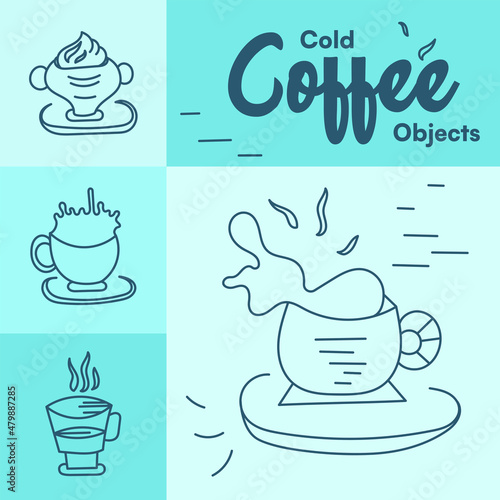 Best latte coffee cup digital shape drawings. Freehand line art illustrations