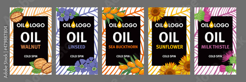 Organic oils labels set. Walnut, flax, sea buckthorn, sunflower and milk thistle oil.