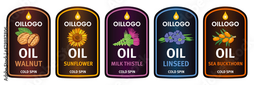 Organic oils labels set. Walnut, flax, sea buckthorn, sunflower and milk thistle oil.