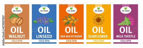 Organic oils labels set. Walnut, flax, sea buckthorn, sunflower and milk thistle oil.
