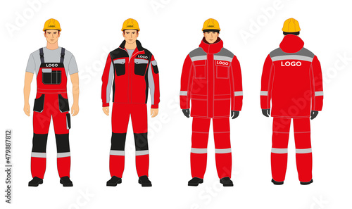 Workwear branding. Blanks for corporate identity. Workwear options. Red and gray colors. A man in a winter jacket and overalls