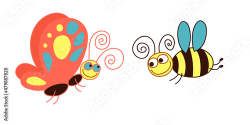 Vector illustration. Butterfly  bee. White background.