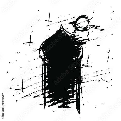 Dome of Orthodox church in night sky and a moon. Hand drawn linear doodle rough sketch. Black silhouette on white background.