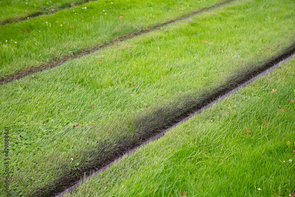 Green public transportation. Tram or train line with green grass planted between them, a way to reduce pollution. Green public transportation. Tram or train line with green grass planted between them, a way to reduce pollution.