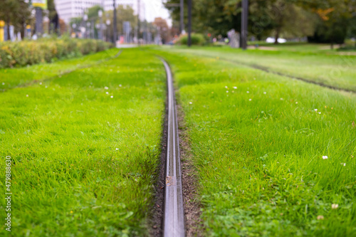 Green public transportation. Tram or train line with green grass planted between them, a way to reduce pollution.