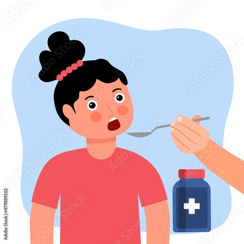 Mother is feeding syrup medicine to her child in flat design. Sick girl take medicine syrup for disease treatment.