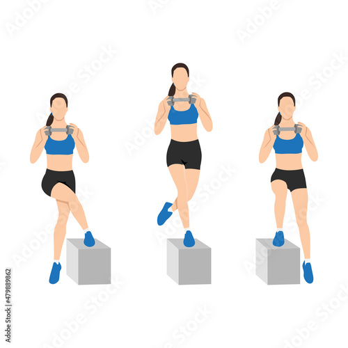 Woman doing Step up crossover exercise. Flat vector illustration isolated on white background
