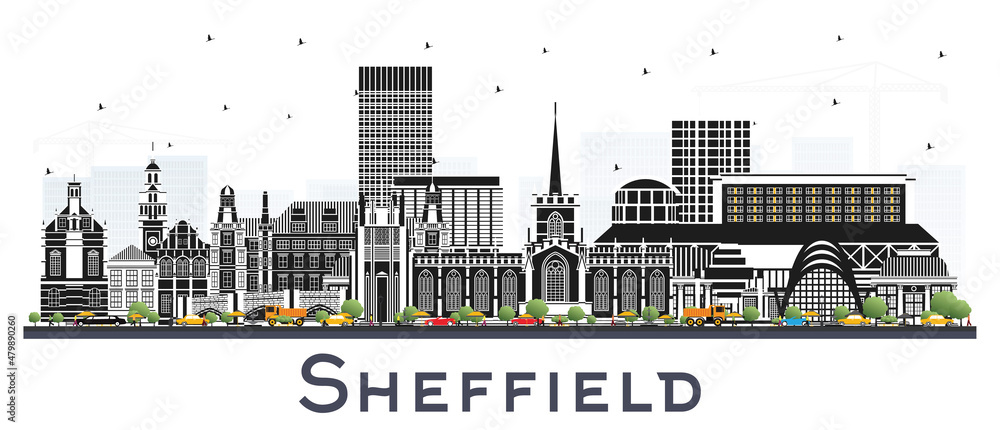 Sheffield UK City Skyline with Color Buildings Isolated on White.