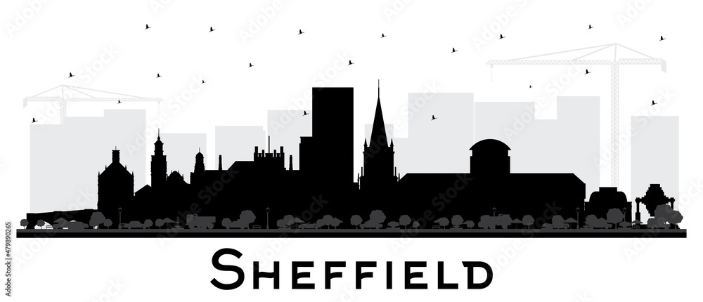 Sheffield UK City Skyline Silhouette with Black Buildings Isolated on White.