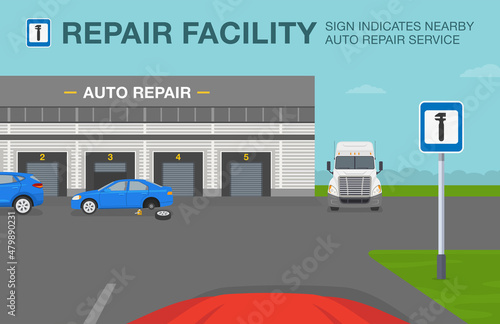 Safety car driving rules. Car is reaching the auto repair service area. Repair facility traffic or road sign meaning. Flat vector illustration template.