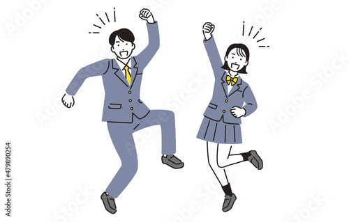 ジャンプをする高校生の男女セット