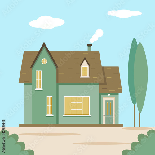 House is green in color, with brown roof with smoke from chimney on background of natural landscape and blue sky. Vector landscape in flat style.