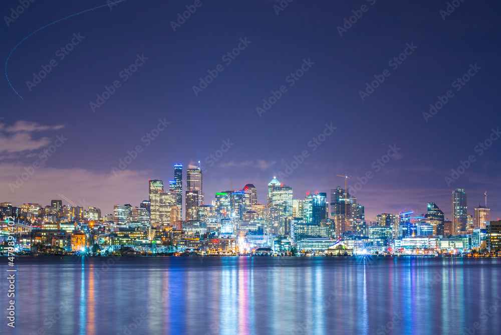 Seattle cityskyline over Lake Union at night,seattle,washington,usa..