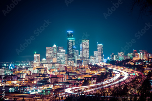 seatte city scape with freeway at night Washington usa.