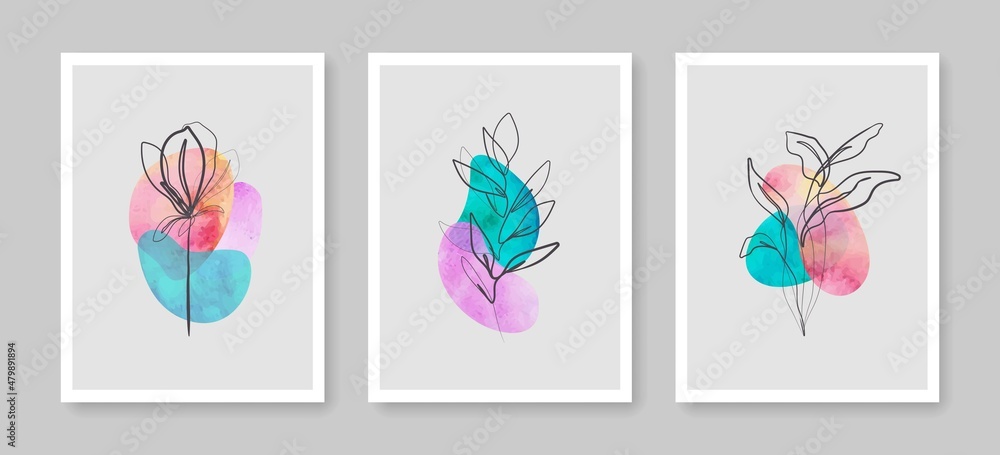 Botanical Wall Art Prints Vector Set. Abstract Boho Foliage Line Art Drawing with Flowers and Organic Shapes. Minimal Plant Art Design for Wall Decor, Cover, Poster, Print. 