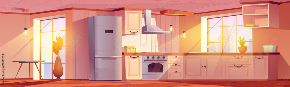 Kitchen interior with dining table, counter, fridge, stove and cupboards.  Vector cartoon illustration of empty room for cooking in apartment with  retro furniture, hood and plants Stock Vector | Adobe Stock