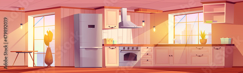 Kitchen interior with dining table, counter, fridge, stove and cupboards. Vector cartoon illustration of empty room for cooking in apartment with retro furniture, hood and plants