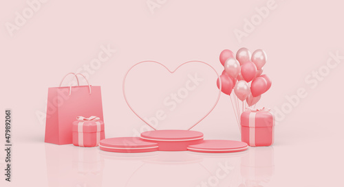 3d Realistic Render of Valentine Podium for Product Display with Gift Box and Balloons