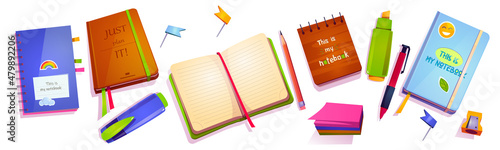 Stationery for school and office. Vector cartoon icons of education supplies, notebooks, pen, pencil, marker, pins, sharpener, notepads and paper sheets isolated on white background