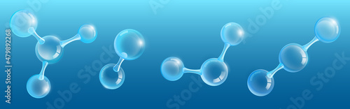Abstract molecular structure from shiny glass spheres. Vector realistic set of 3d molecules, chemical or biotechnology models with transparent crystal balls isolated on blue background