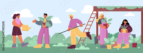 People gardening works on farm or garden. Men and women farmers planting and watering sprouts, raking ground. Happy farmers characters group working in summer orchard Line art flat vector illustration