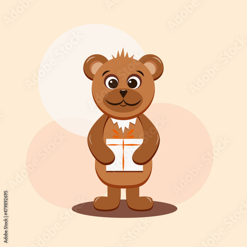 Cute cartoon character of brown bear with gift in his paws on beige background with circles. Vector illustration in flat style.