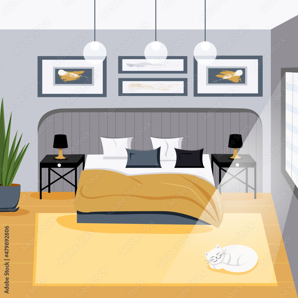 Fototapeta premium Bedroom interior design in gray-yellow tones. Vector illustration in flat style.