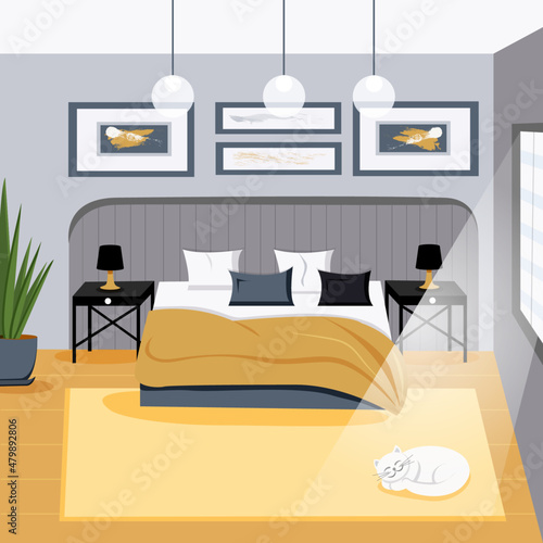 Bedroom interior design in gray-yellow tones. Vector illustration in flat style.