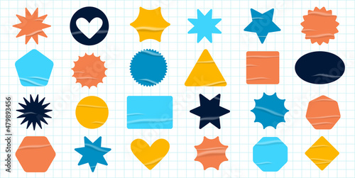 Blank stickers set. Empty colorful patches mockups with wrinkles. Vector design elements.