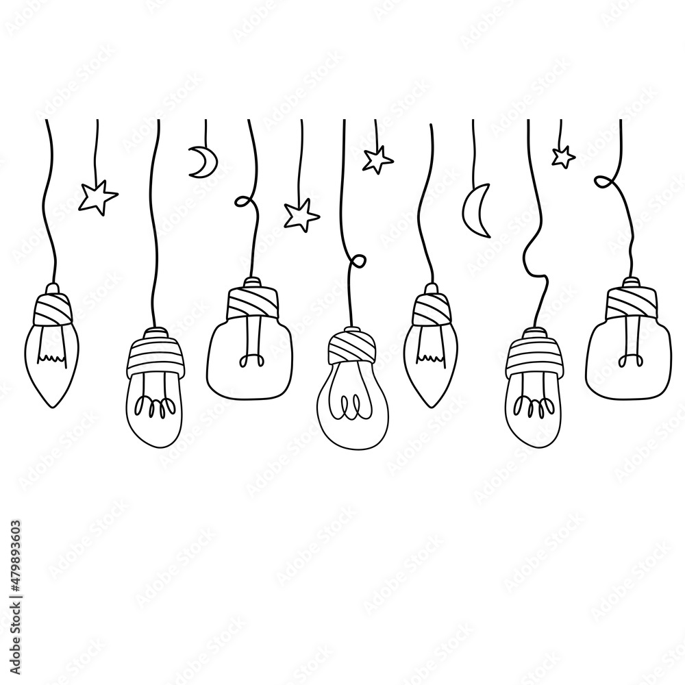 Light bulb hang from ceiling on wire. Electric lighting. Set of glass devices.