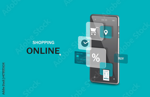 Receipt flows from the smartphone screen. and on the front there are icons such as cart icon, pin, order confirmation and next to it has a credit card inserted,vector 3d for online shopping concept