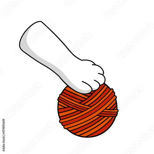 Cat paw hold skein of woolen threads. Hand caught ball. Cartoon illustration. Playful pet. Activity and fun of animal