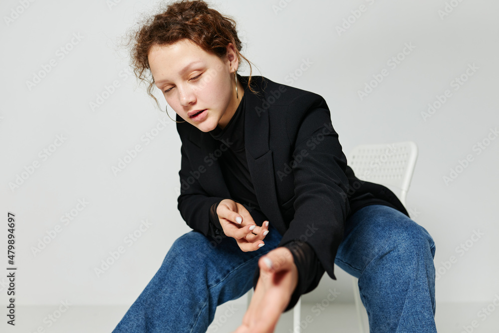 cheerful woman elegant style black blazer posing Lifestyle unaltered cheerful woman elegant style black blazer posing Lifestyle unaltered