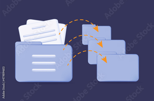 3d transfer folder data. Digital file moving to cloud, another drive. The completed document is archived. Transferring data, loading files. Access, share up information, upload, backup folder. Vector