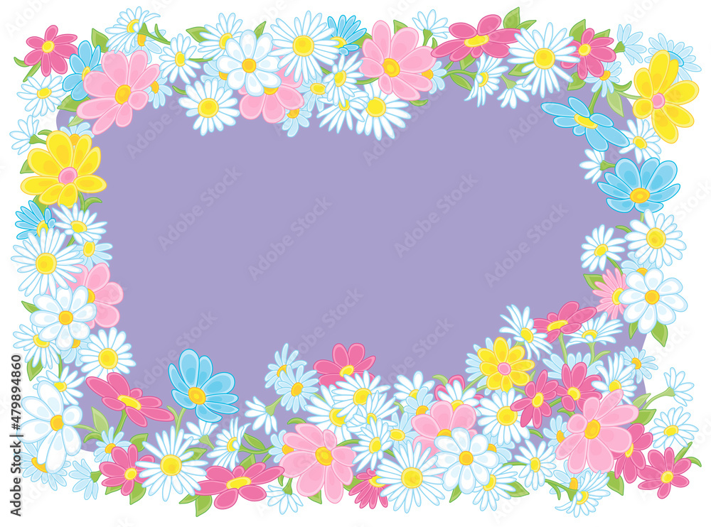 Festive cartoony frame border decorated with colorful spring and summer garden flowers, vector cartoon illustration
