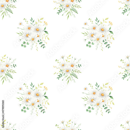 Wildflowers daisy watercolor seamless pattern isolated on white background. Summer floral digital paper for textile, fabric, kids wallpaper. 