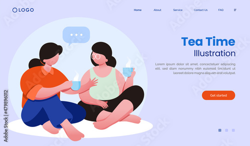 Tea time concept. hang out with friend landing page website illustration flat vector template