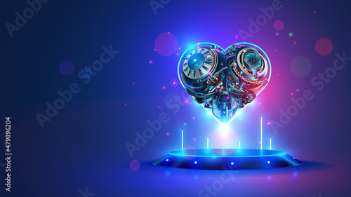 love heart in technology style. tech computer mechanism in heart shapes over podium. Valentines day digital blue background. Geek love symbol. Online dating. Love via the internet. Dating site. Vector