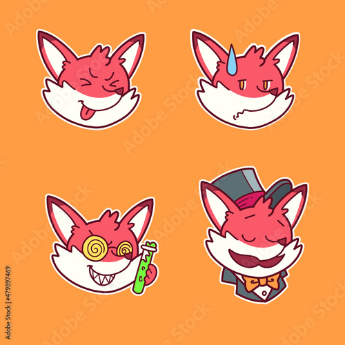 illustration or sticker design of fox in different expression and accessories
