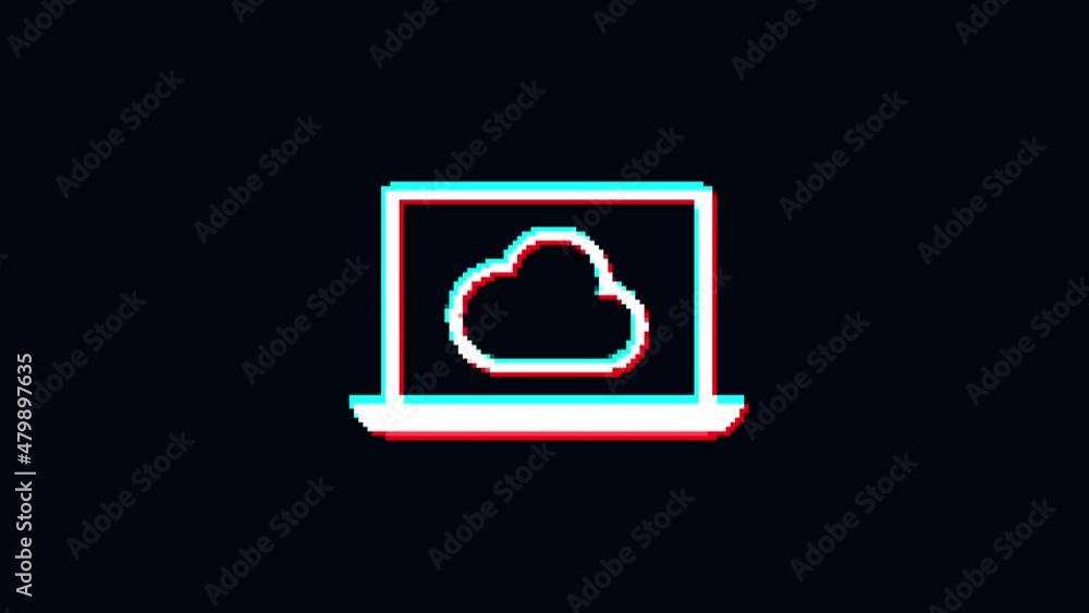 Glitch pixel laptop and cloud icon animated. isolated on black background.digital glitch effect. 4K video. cool effect. Glitch pixel laptop and cloud icon animated. isolated on black background.digital glitch effect. 4K video. cool effect.