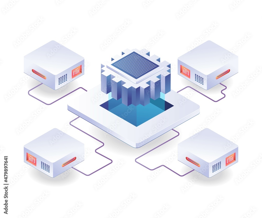 Server chip network in isometric illustration Server chip network in isometric illustration