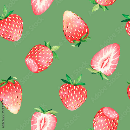 Fototapeta Naklejka Na Ścianę i Meble -  Seamless strawberry pattern. Watercolor illustration. Isolated on a green background. For design.
