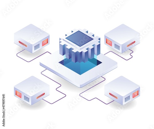 Server chip network in isometric illustration