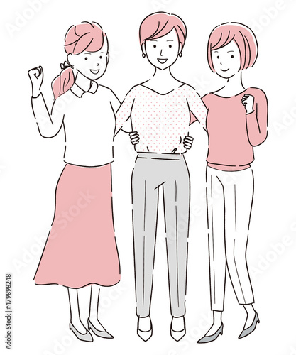 手描き1color 　3人のビジネスウーマン　腰を組んでガッツポーズ