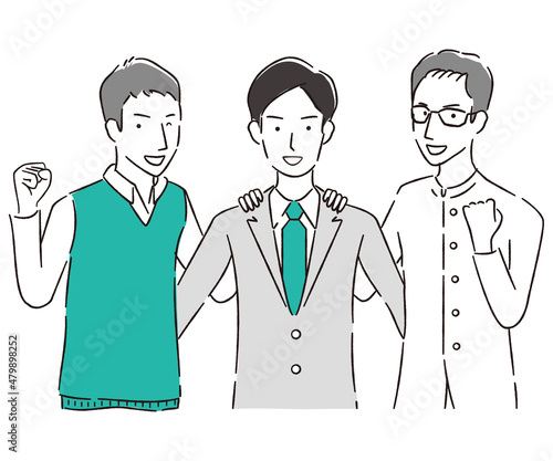 手描き1color 　3人のビジネスマン　型を組んでガッツポーズ　上半身