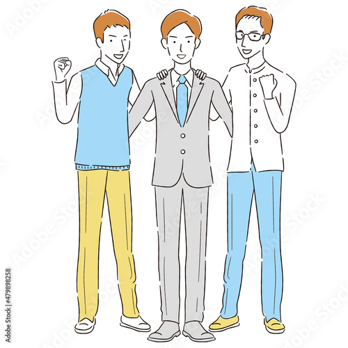 線画カラーイラスト　3人のビジネスマン 肩を組んでガッツポーズ