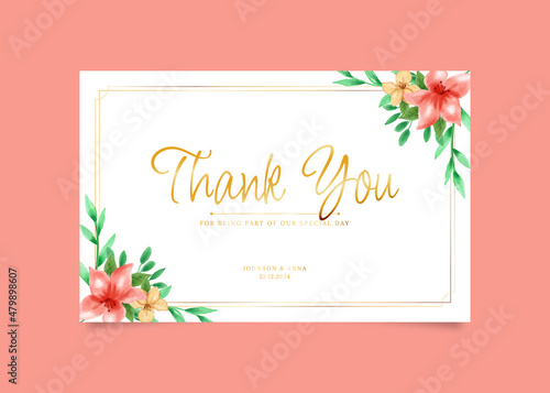 Romantic hand drawn watercolor flower thank you card. Watercolor wedding invitation template.