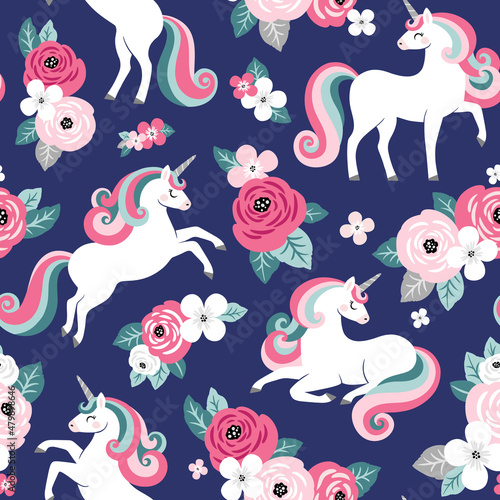 Seamless vector pattern with cute unicorns on floral background. Perfect for textile, wallpaper or print design. 